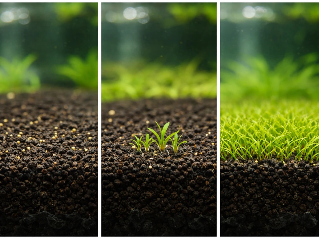 Aquarium substrate progression showing seeds sprouting into small seedlings and an established carpet