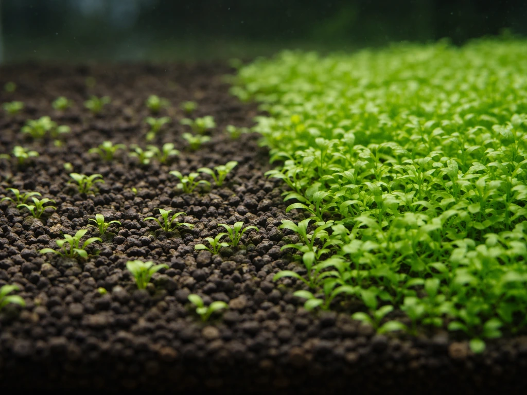 Bottom-up aquarium view showing patchy seedling carpet beside a denser established green patch.