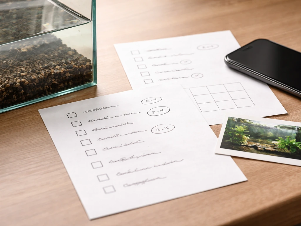 Tabletop view of aquarium seeded substrate beside blank checklist pages and an off smartphone for progress tracking.
