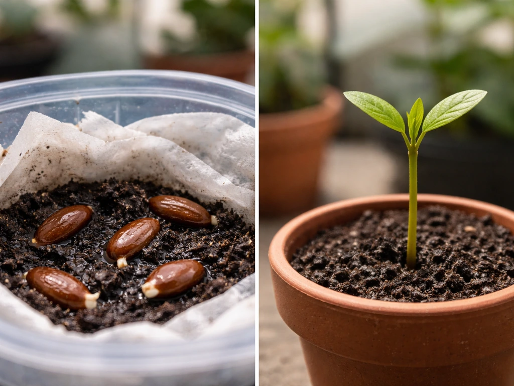 Split photo: persimmon seeds in moist soil transitioning to a young persimmon sapling in a pot.
