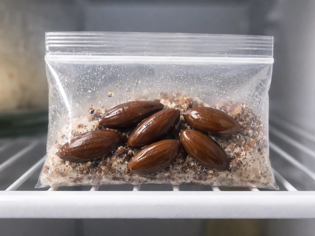 Persimmon seeds in a sealed clear bag with moist medium inside a refrigerator, showing cold stratification.