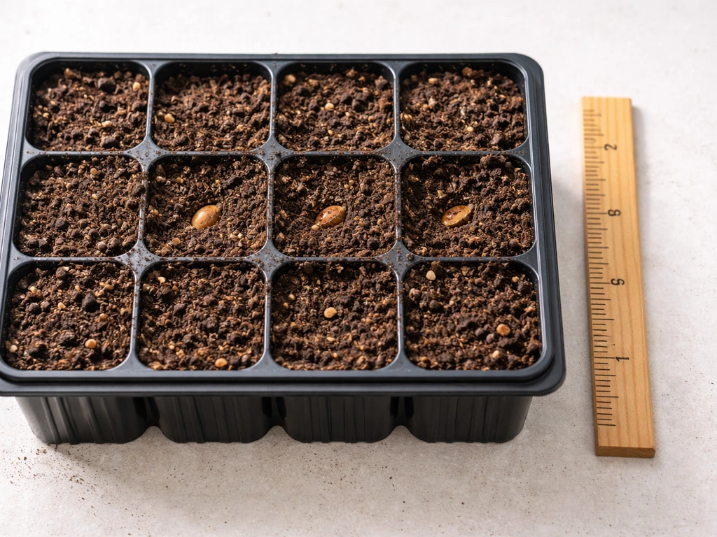 Top-down view of persimmon seeds in a soil tray, placed about 2 inches deep with a depth ruler beside it.