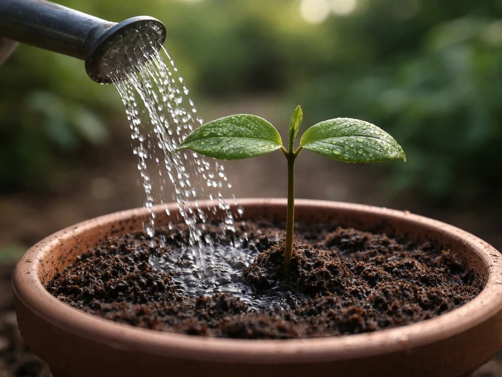 Close-up of a persimmon seedling in a pot getting gentle water from a watering can.