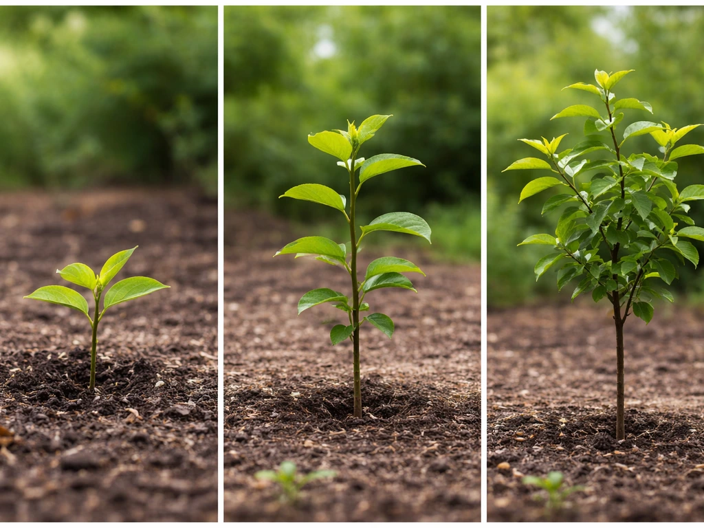 Three-panel photo collage showing persimmon growth: sprout with leaves, then a young stem, then branching tree.