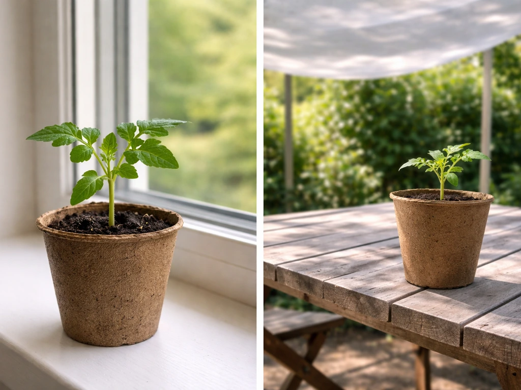 Seedlings in small pots by a window; one outdoors under shade cloth for hardening off