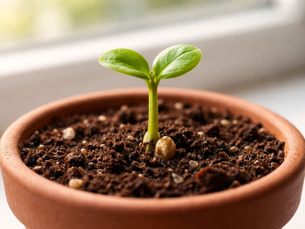 Healthy lime seedling sprouting in a small pot with early leaves and seed-starting mix.