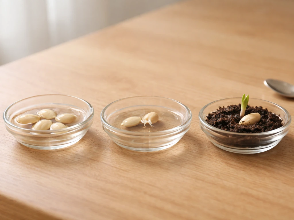 Three close-up stages of lime seeds—soaking, cracking, and a pale sprout emerging in soil.