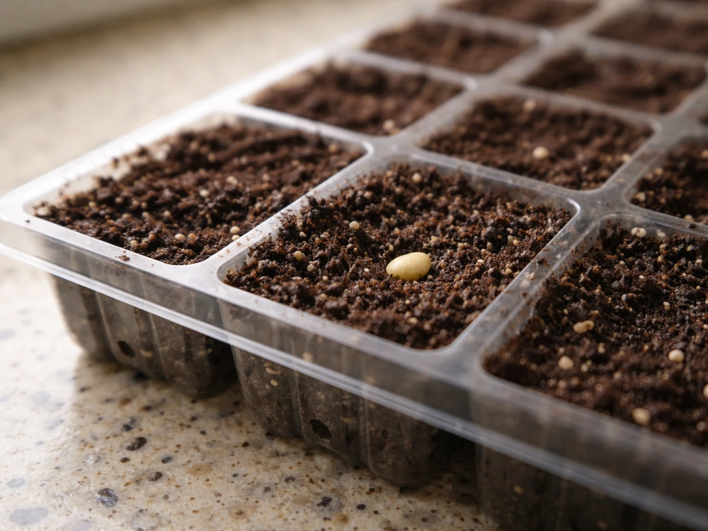 Close-up of lime seed planted in small seed tray cells with well-draining seed-starting mix.