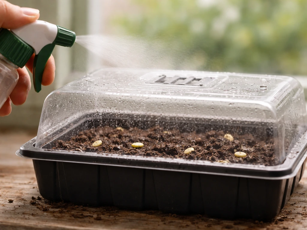 Close-up of a lime seed tray under a clear dome, misting lightly to keep soil moist