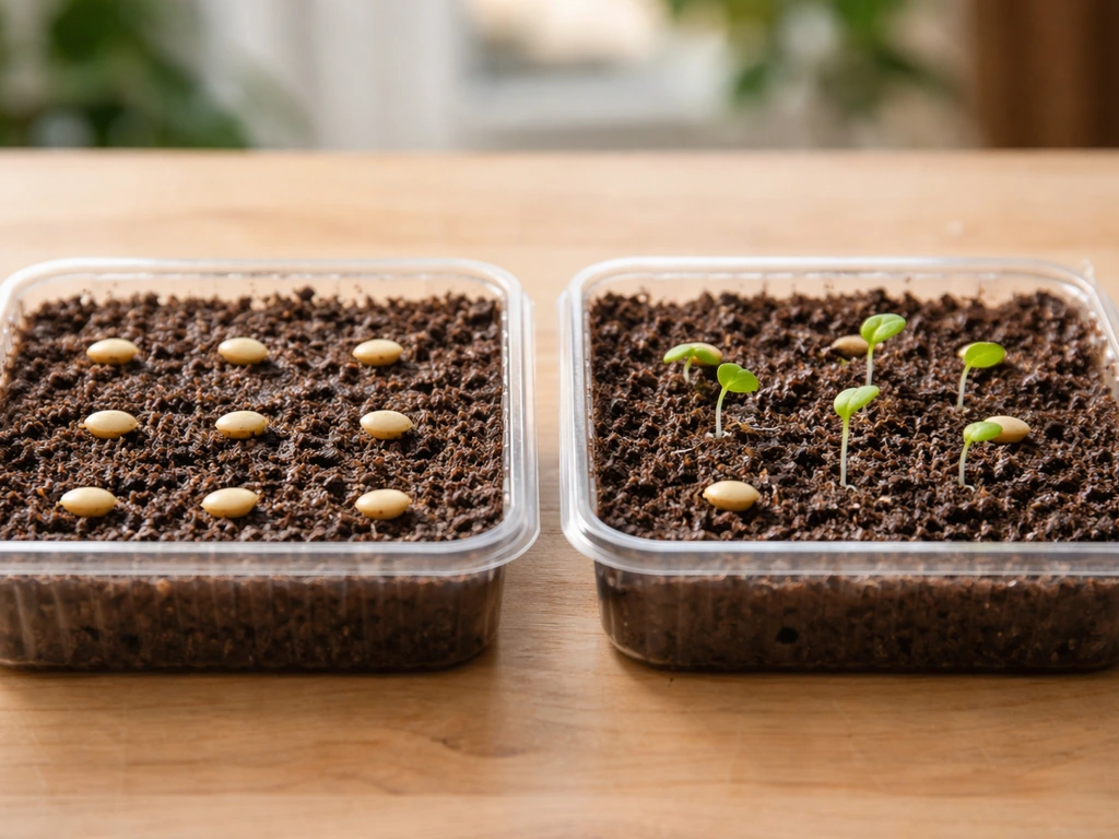 Close-up of lime seeds in a small tray, split view showing one container with no sprouts and another with tiny seedlings