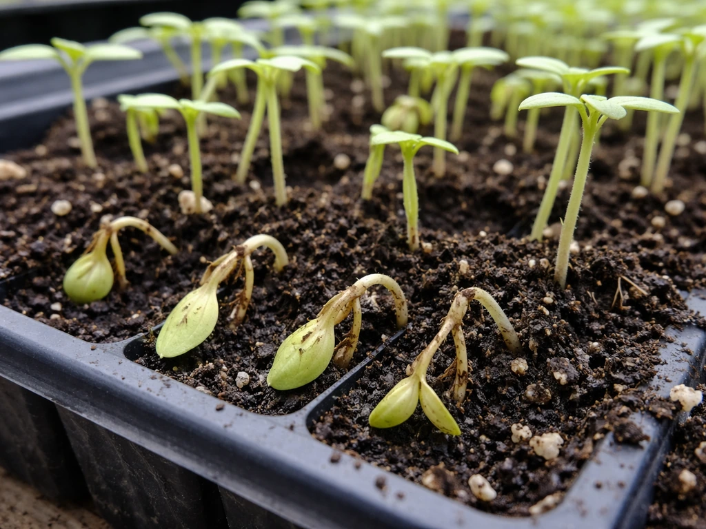 Lime-green seedlings collapsed at the soil line in an overwatered, crowded seed tray.