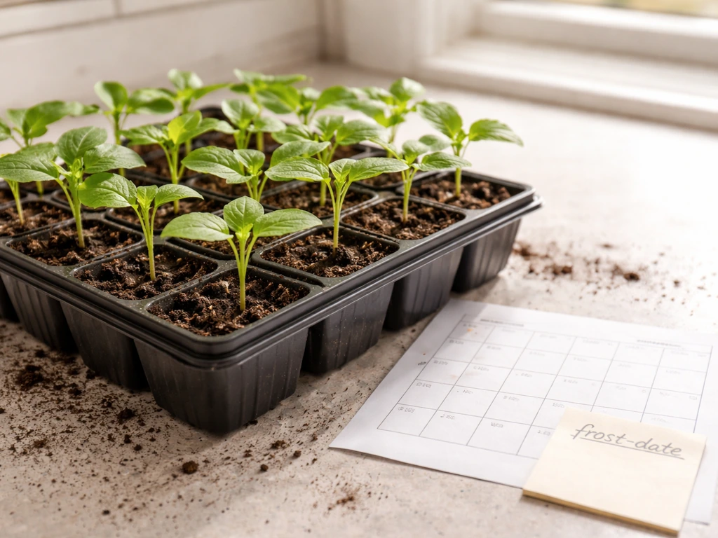 Transplant-ready seedlings in a tray beside a blank planner and frost-date note on a counter.