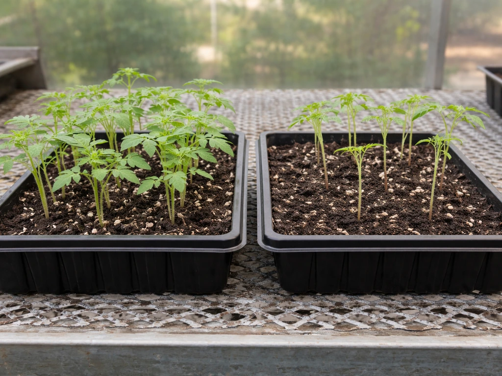 Two tomato seedling trays side-by-side showing one sturdy and one leggy, less developed.