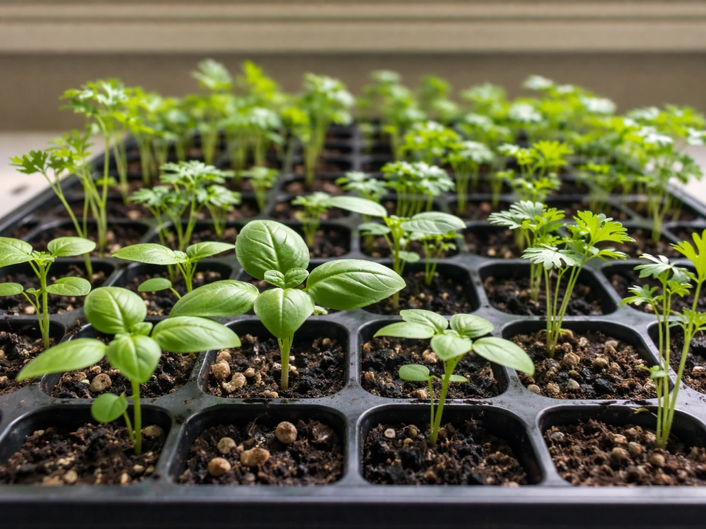 Close-up of basil and cilantro/parsley seedlings in a cell tray with true leaves ready for transplant.