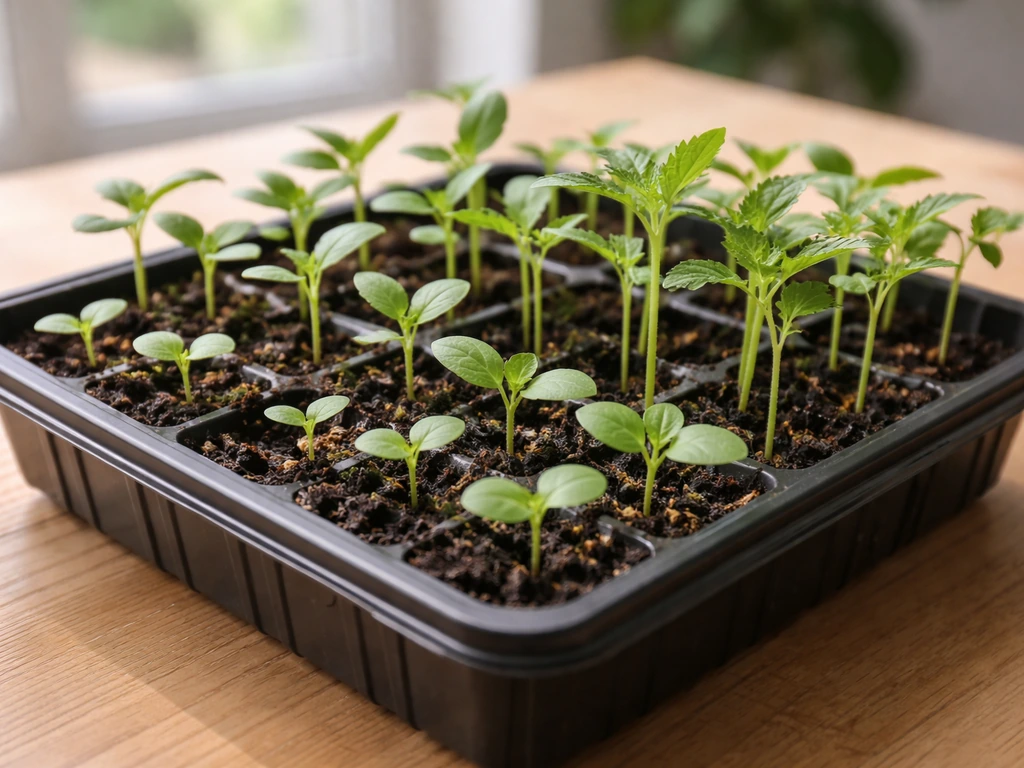 Close-up of herb/vegetable seedlings in a tray showing cotyledons, true leaves, sturdy stems, healthy green growth.