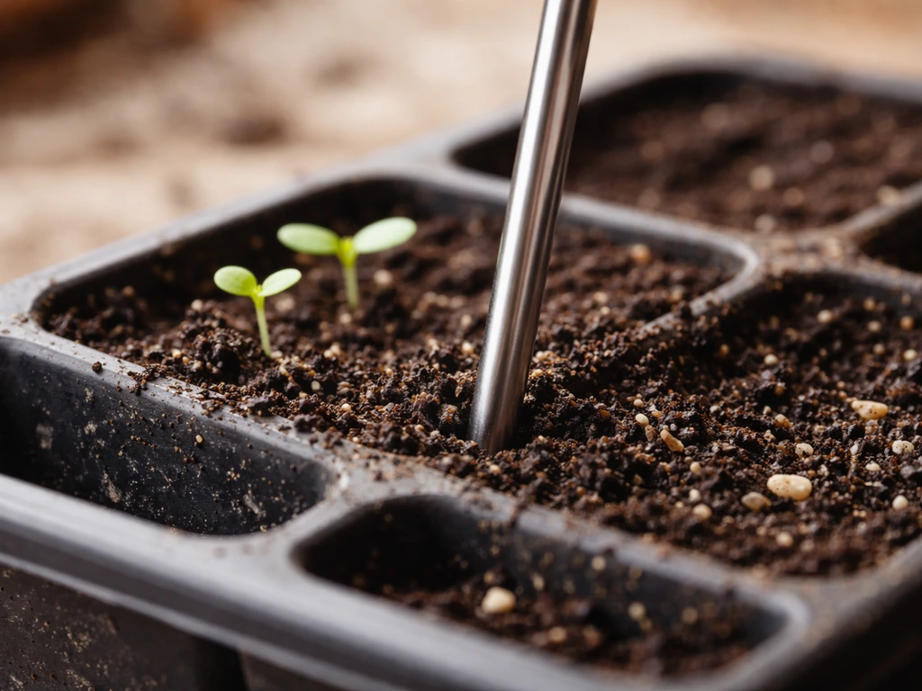 Thermometer probe inserted into seed-starting mix with small seedlings nearby in a simple tray