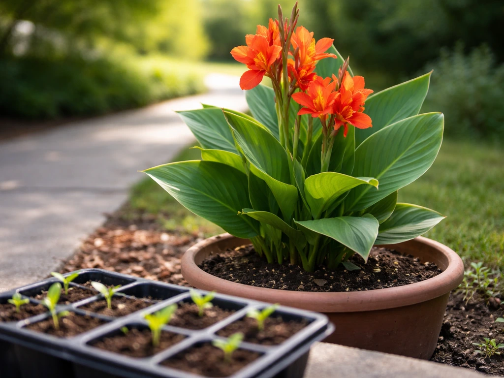 Bright flowering canna in focus with a small seed-starting tray of sprouts in the blurred foreground.