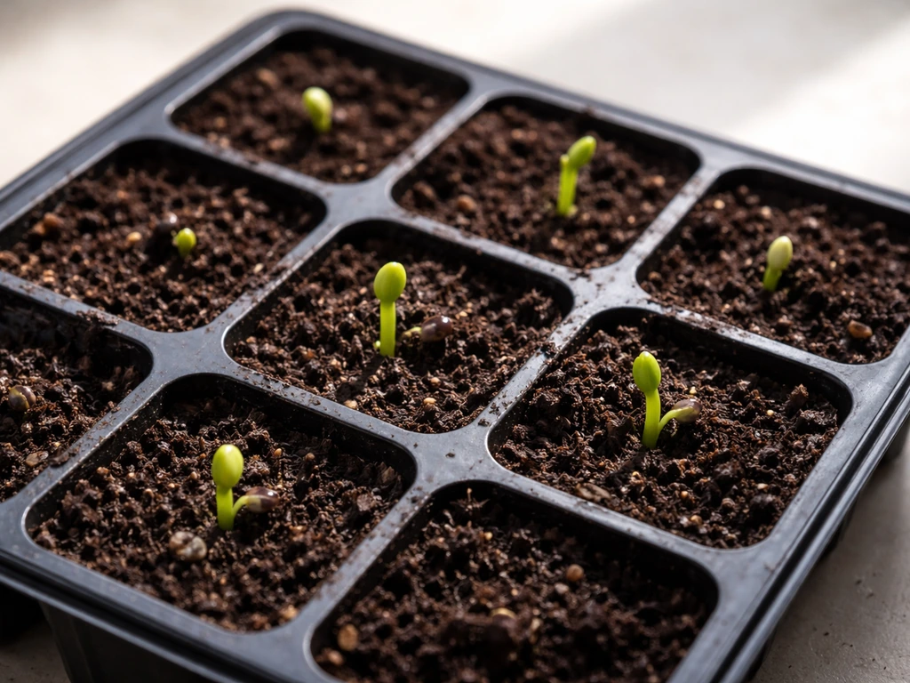 Overhead view of a seed tray with a few canna seeds sprouting green tips through moist soil.