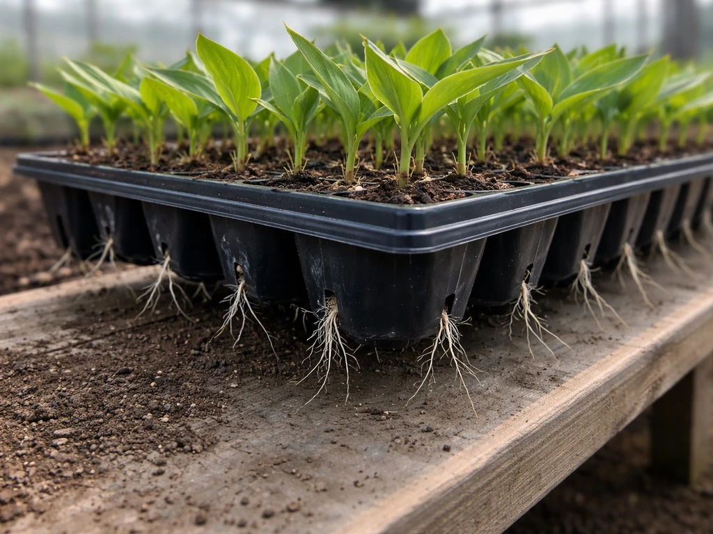 Canna seedlings in a tray with visible roots at drainage holes, ready for transplanting