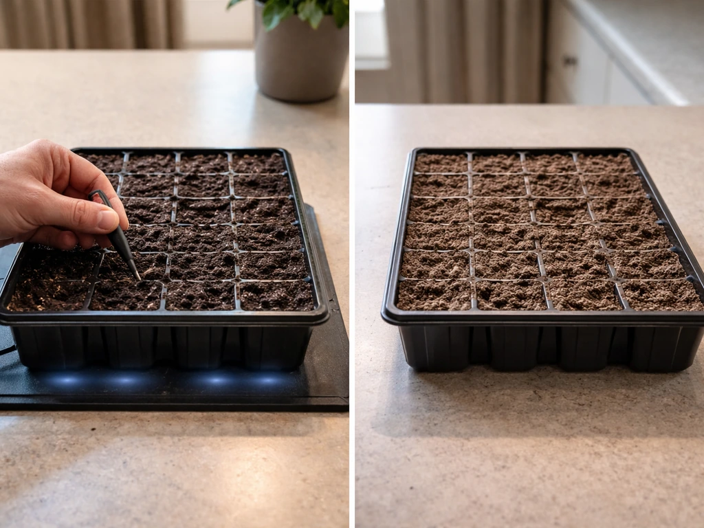 Two seed-starting flats side by side: one on a heat mat with lively moist soil, the other cooler and stalled.