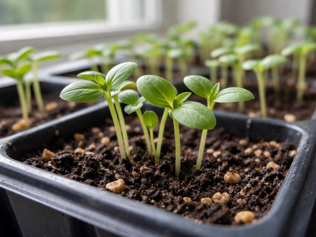 Close-up of seedling tray showing cotyledons and the first true leaves emerging.