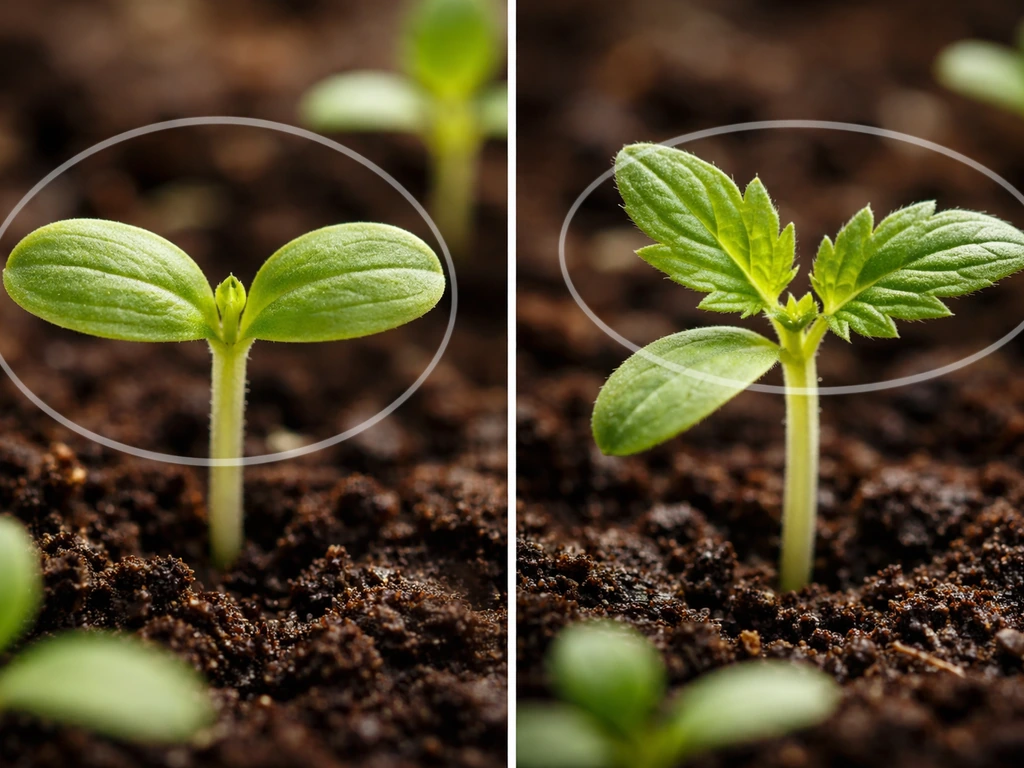 Side-by-side close-up of cotyledons and first true leaves on a seedling, with clear shape texture difference.