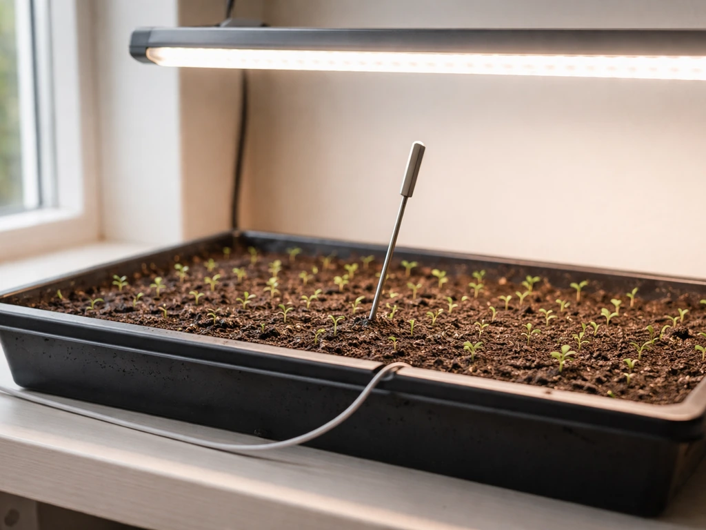 Close view of seedlings in a tray under a grow light with a thermometer probe in the soil.