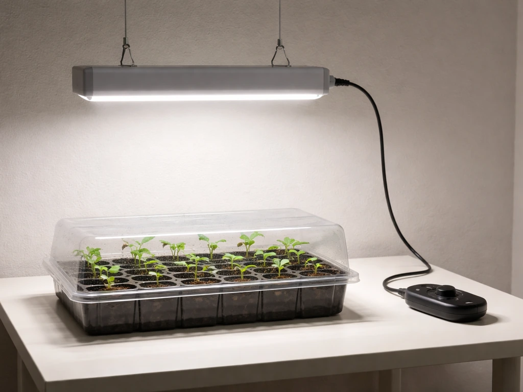 Grow light over an indoor seedling tray, with a visible dimmer timer indicating light duration