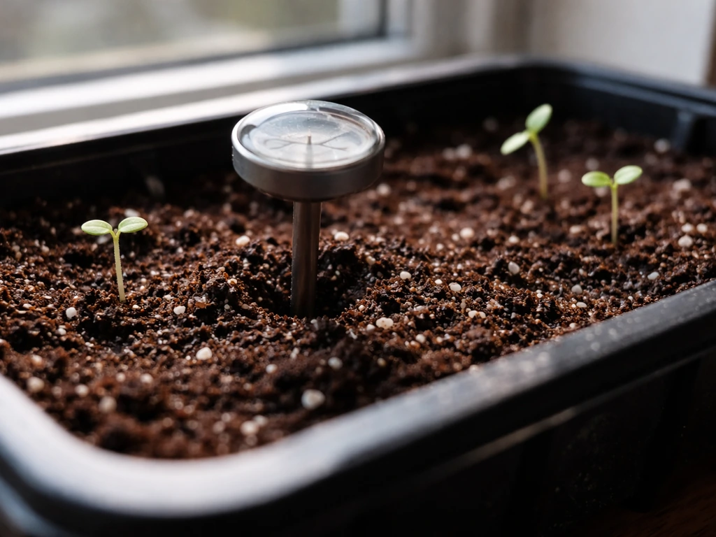 Close-up of a soil thermometer inserted into seed-starting mix beside small seedlings with true leaves not yet grown.