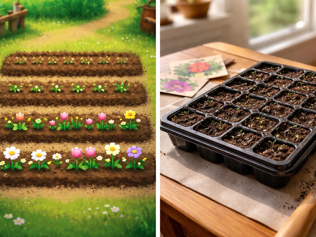 Split image: game-style plot sprouts on left, real seed tray seedlings on right, no text.