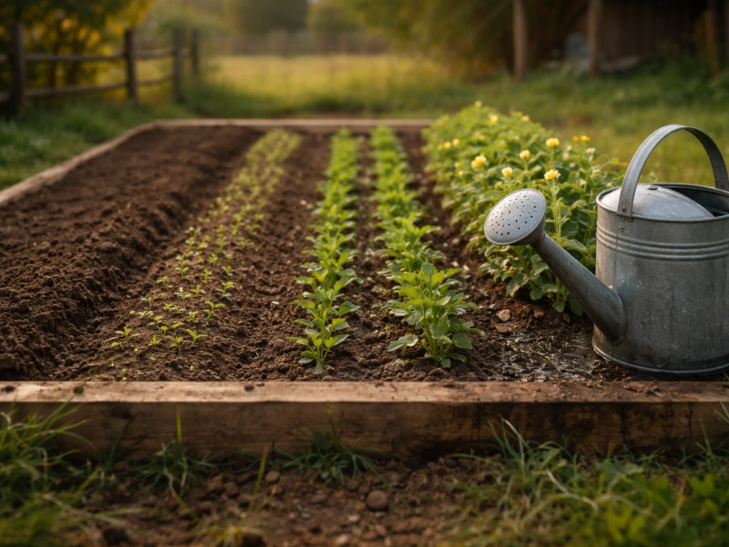 Minimal farm bed with a small row of sprouting plants and a watering can beside them