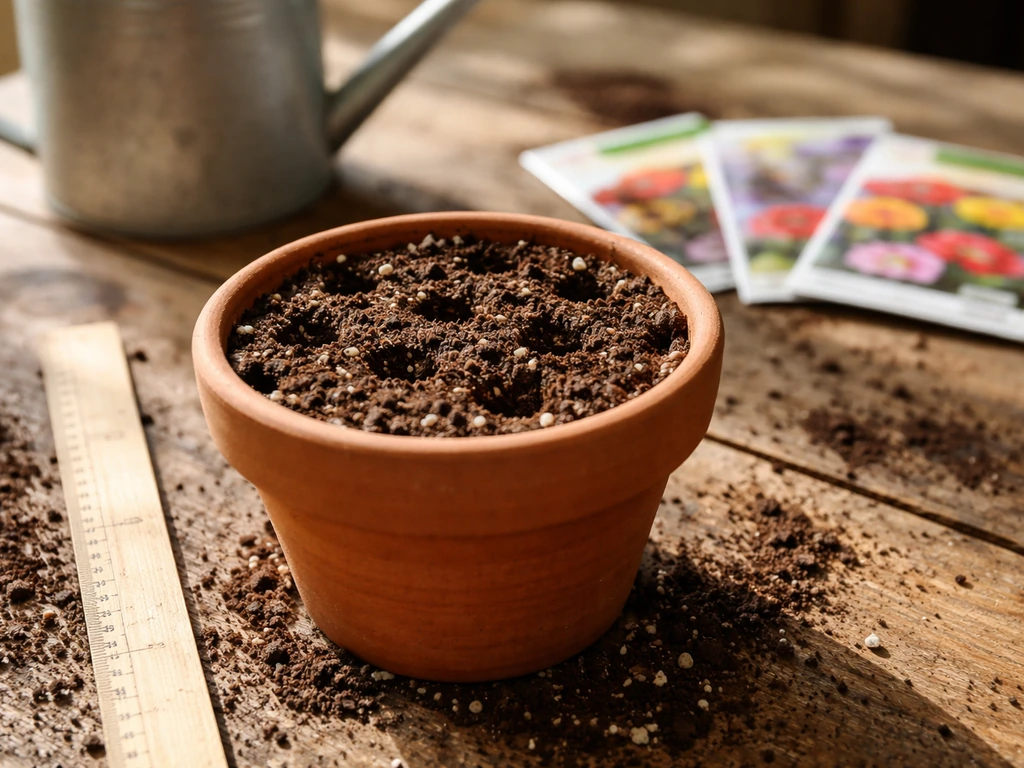 Close-up of seed-starting soil in a pot with mixed flower seed packets nearby in natural light.