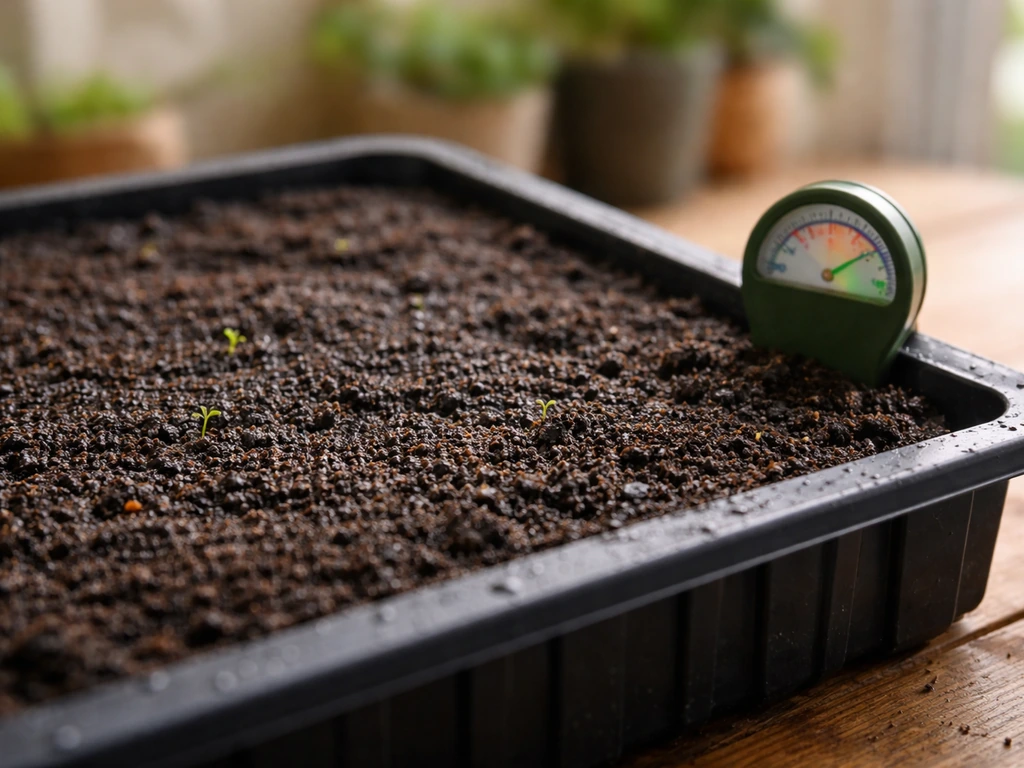Close-up of a seed tray with uniformly damp soil and a small moisture gauge nearby, no pooling water.