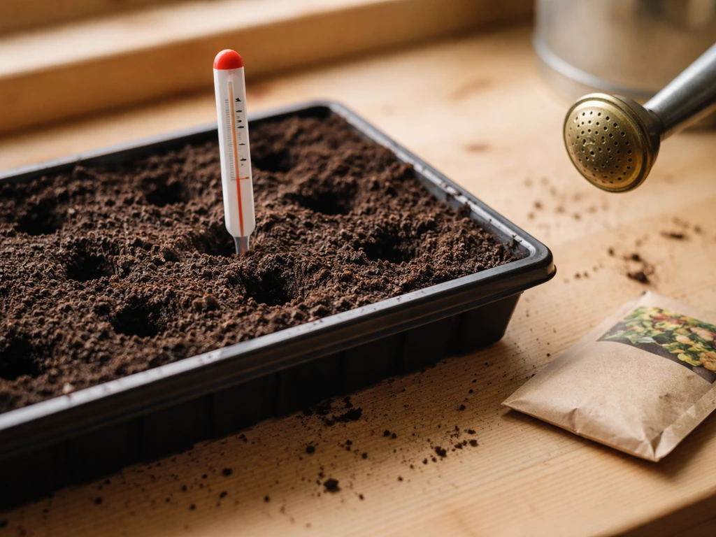 Close-up of gardening seed tray beside a soil thermometer, watering can, and small seed packet on a table