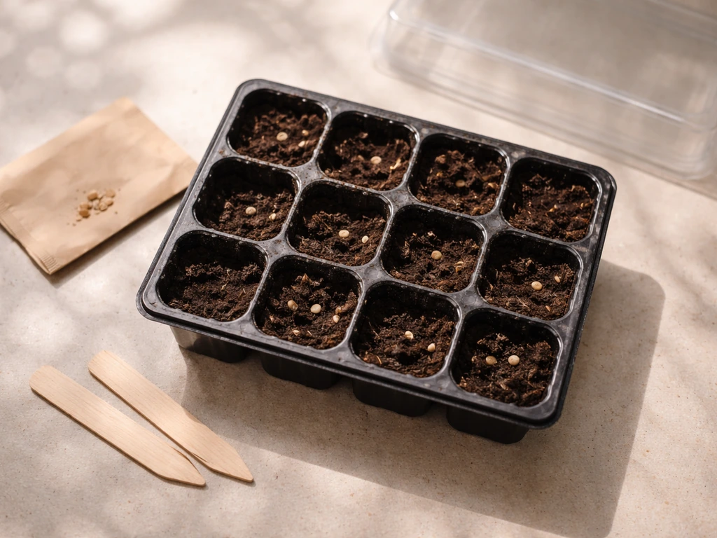 Overhead view of seeds in a small soil tray with a seed packet and markers on a countertop.