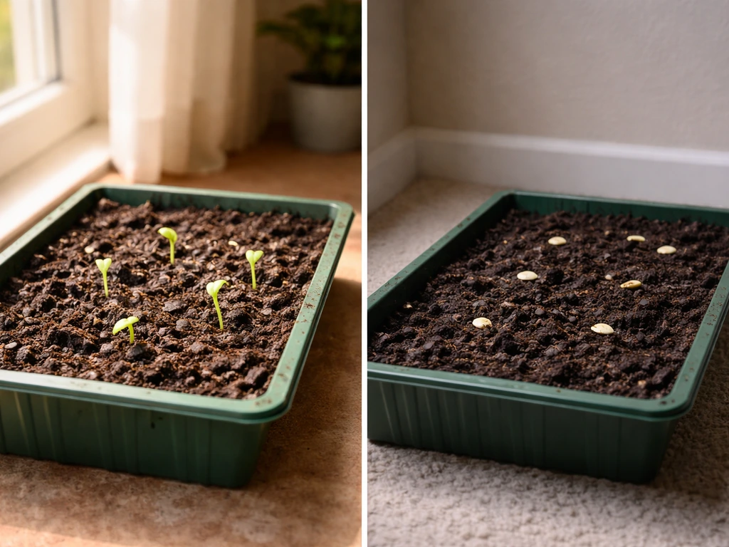 Split view of zucchini seed trays—warm spot sprouts sooner than cooler spot.