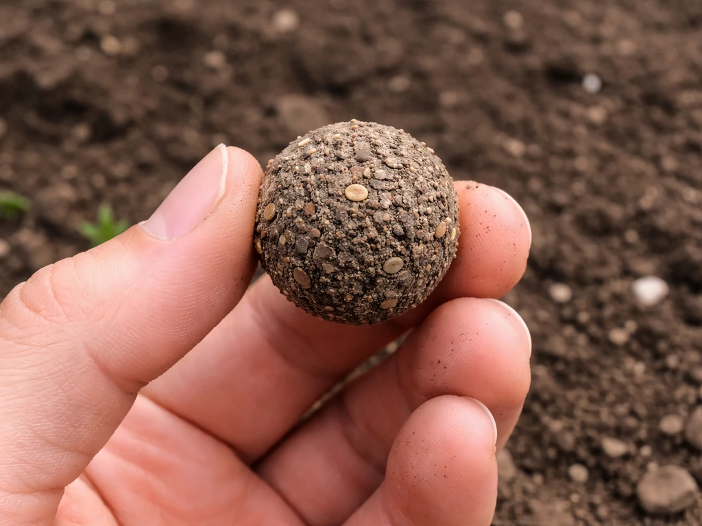 Seed bomb in hand above garden soil, showing clay-planting texture and tiny seed specks