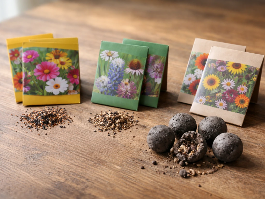 Seed packets in different colors beside homemade seed bombs on a wooden table, showing different seed types.