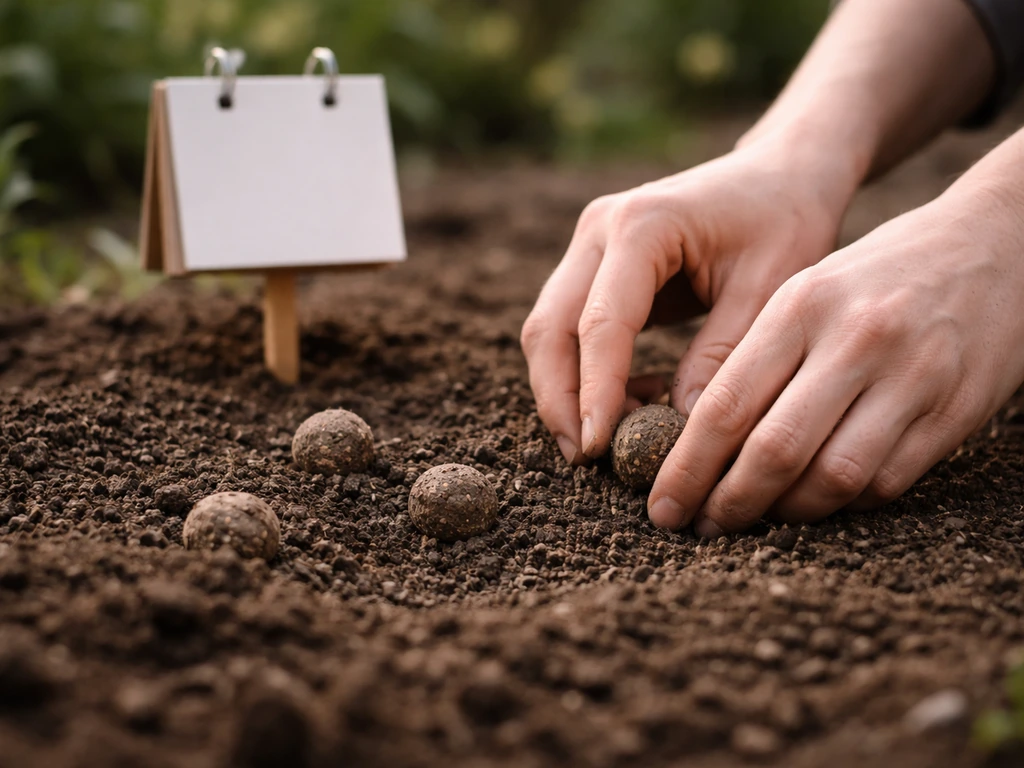 Hands placing seed bombs into a garden bed with moist spring soil and a simple calendar marker nearby