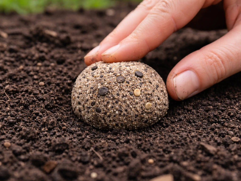 Hand gently presses a seed bomb so its bottom half sits flush in dark soil.