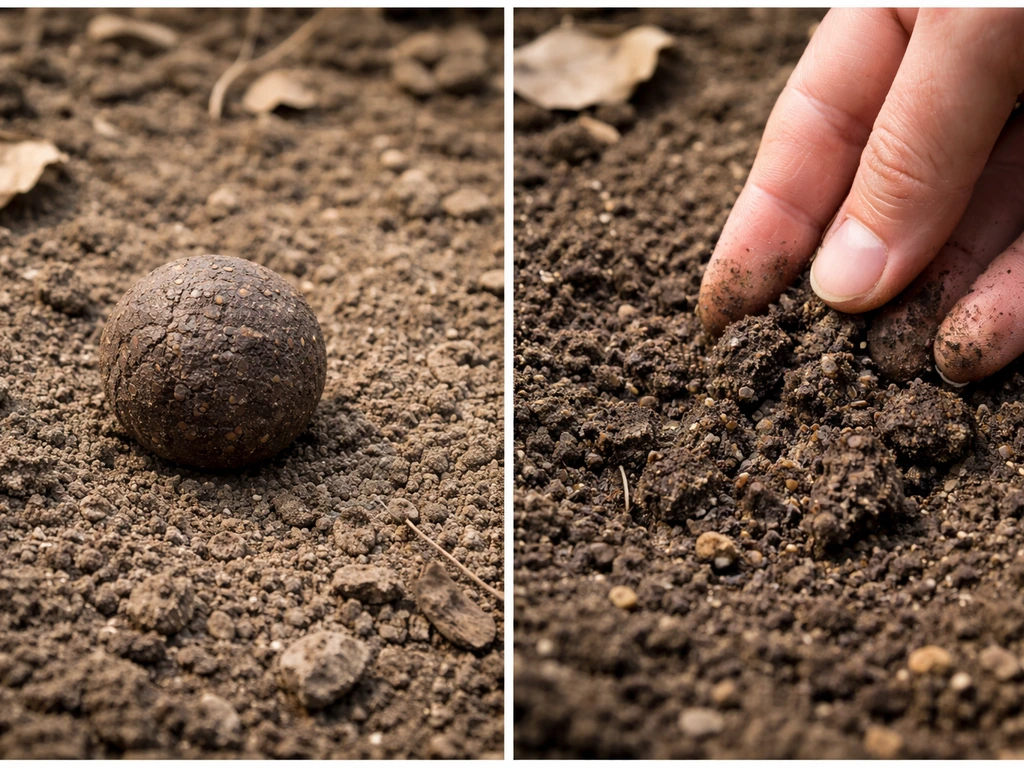 Side-by-side: an intact dry seed bomb with no sprouts next to a broken one pressed into soil.