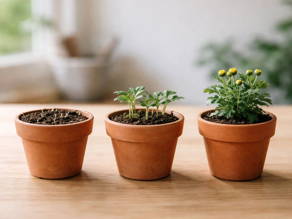 Three mum plants in separate pots showing seed, seedling, and early bud growth stages.