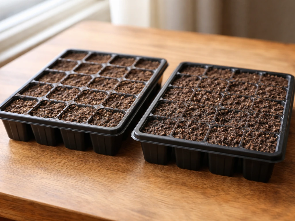 Two small seed-starting trays: thin covering with light on one side, deeper covering and damp soil on the other.