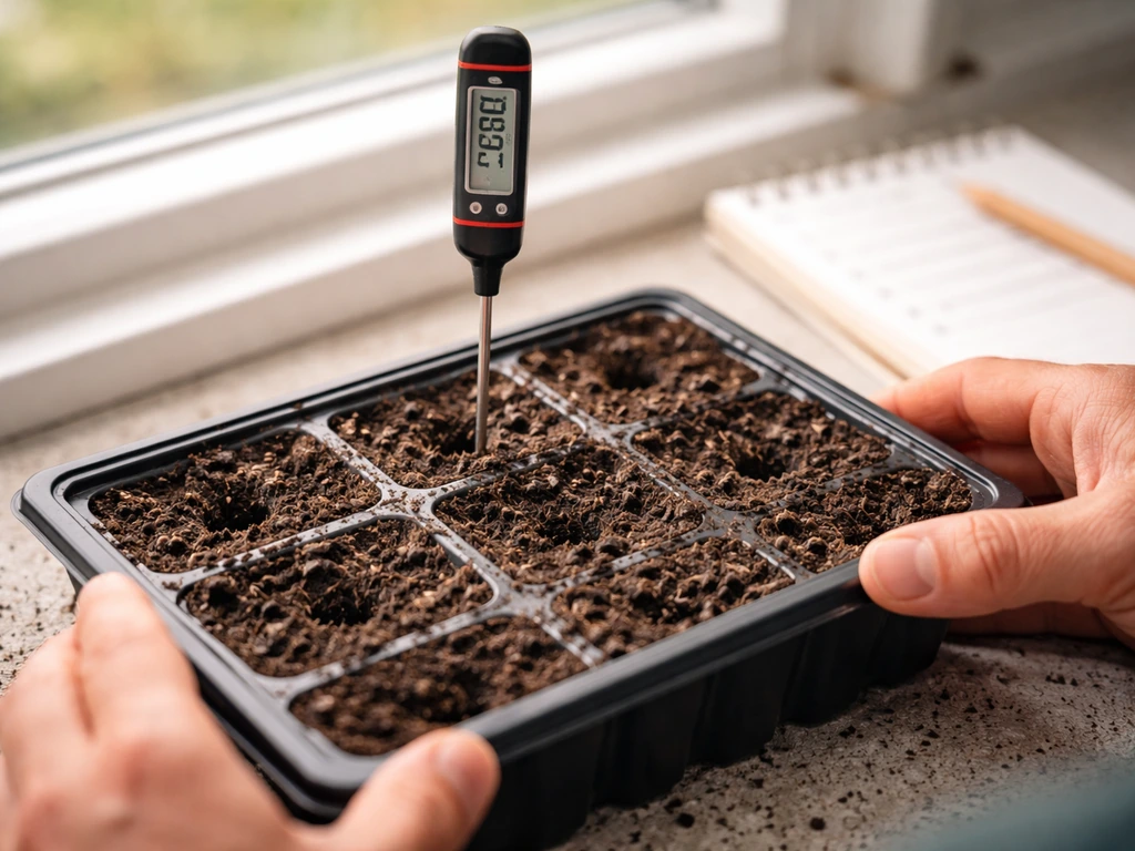 Soil thermometer inserted in seed-starting soil beside an inspected tray with no sprouting seedlings.