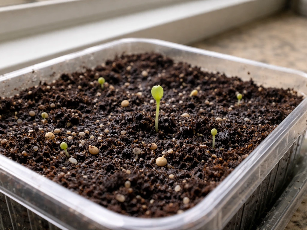 Clear seed tray with moist soil and a few tiny hosta sprouts emerging from seeds.