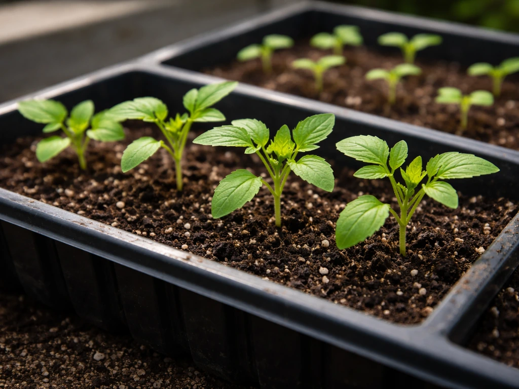 Close-up of a seedling tray showing seedlings with 3–4 true leaves ready to transplant.