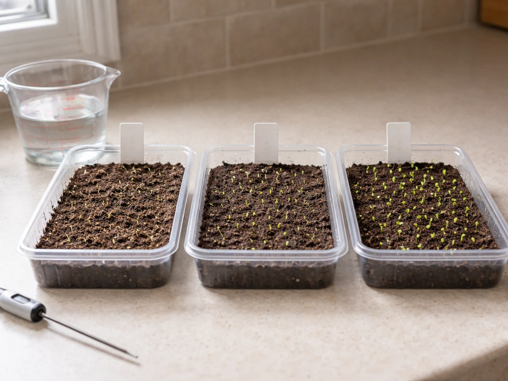 Three labeled germination trays showing differences: warm dry, warm moist, and cool properly moist setups.