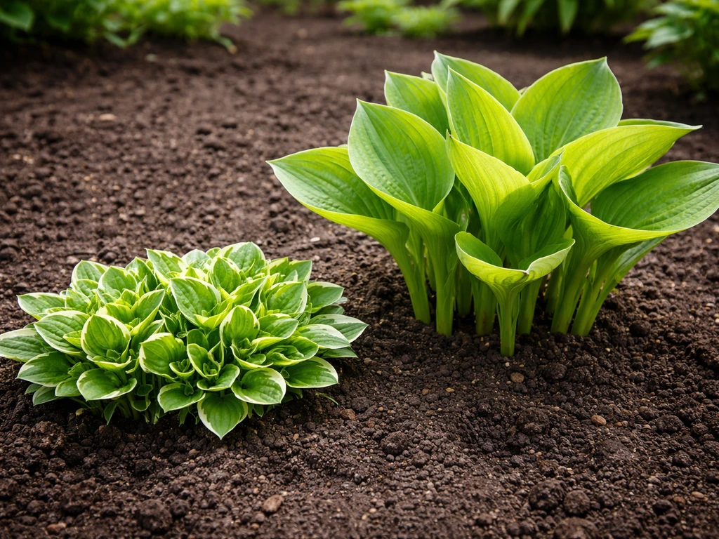 Two small hosta seedlings side by side in simple garden soil, showing different early growth sizes.