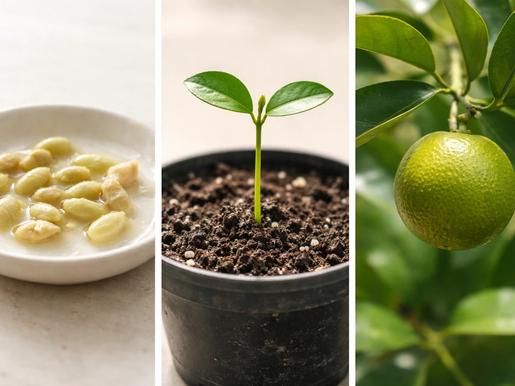 Three-part photo scene showing calamansi seeds, a young sprout, and a ripe fruit on a simple surface.