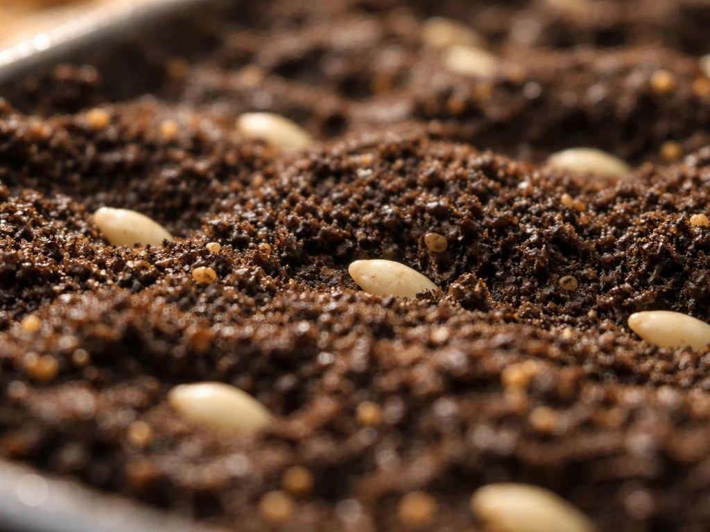 Macro close-up of calamansi seeds under moist seed-starting mix in a shallow tray.